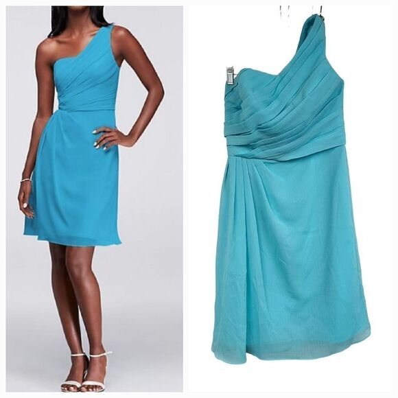 David's Bridal Dresses & Skirts - David's Bridal Aqua Crinkle Chiffon One Shoulder Short Bridesmaid Prom Dress 6